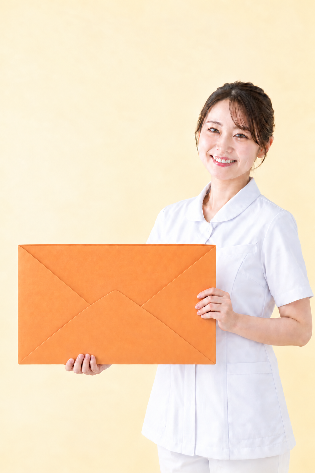 笑顔の先輩看護師が、小さな封筒に片手を添え、もう片方の手で下から支えている